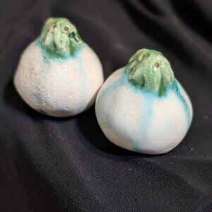 Ceramic salt and pepper shakers in the form of white onions with green tops